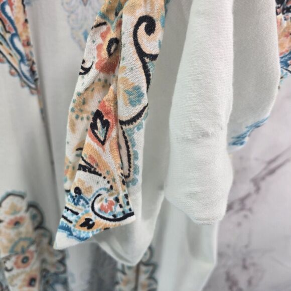 Chicos Cardigan Womens 3 XL White Blue Sweater Lightweight Ruched Sleeve Artsy - Picture 9 of 12